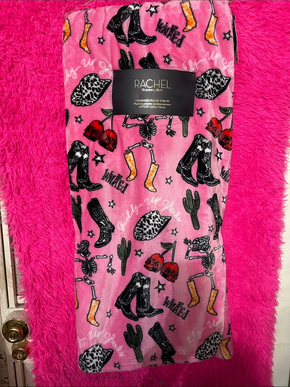 Rachel Roy Pink Western Plush blanket with Cowboy
